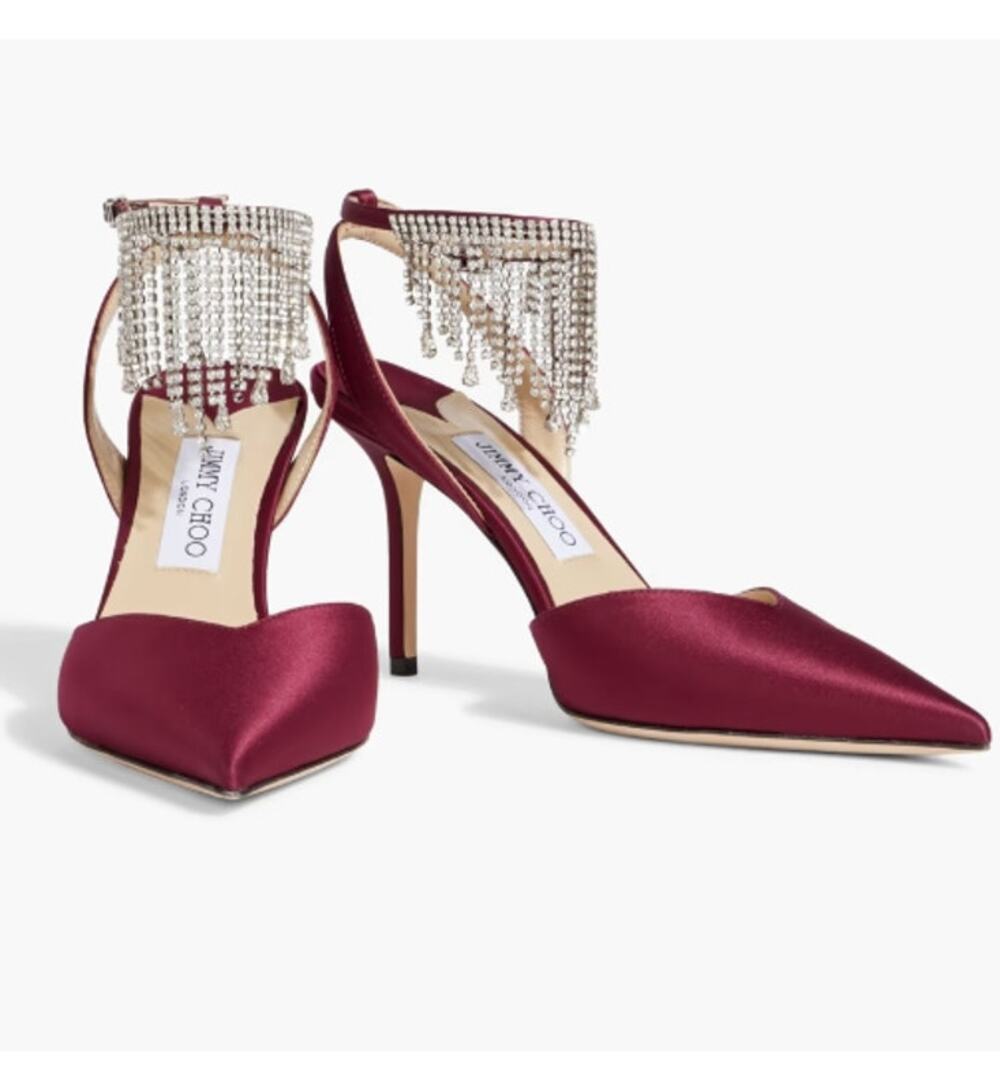 New Jimmy Choo Birtie 85 in Bordeaux Satin w Crystal (6.5)